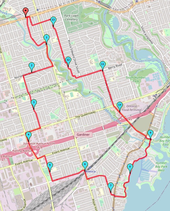 Mimico March 13.9 km route map